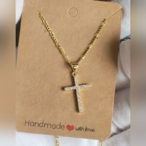 18k Gold Filled Necklace & Cross Pendant - New - Figaro - 20" Hypoallergenic